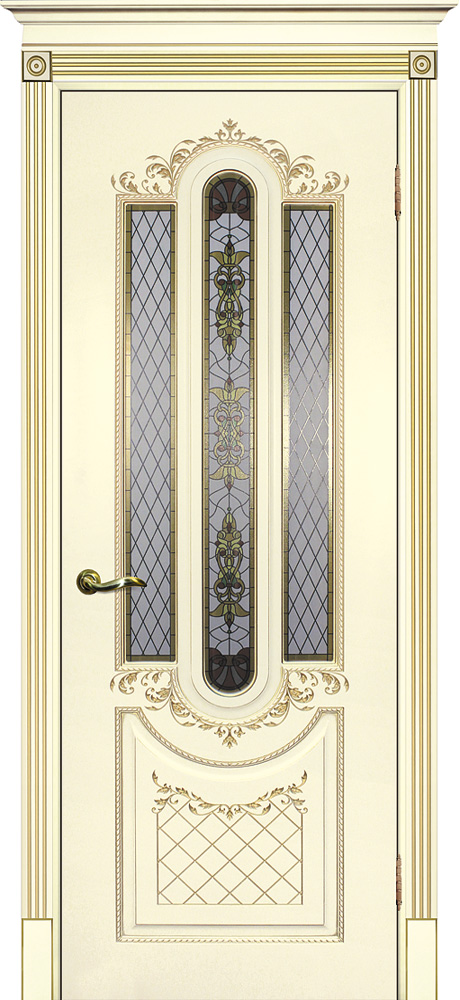 Межкомнатная бежевая дверь эмалевая с патиной золото со стеклом 13