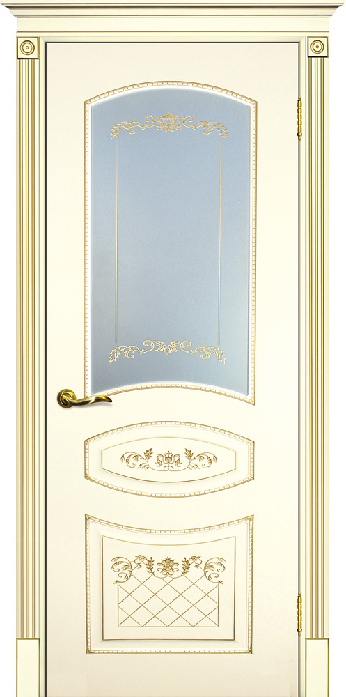 Межкомнатная бежевая дверь эмалевая с патиной золото со стеклом 05