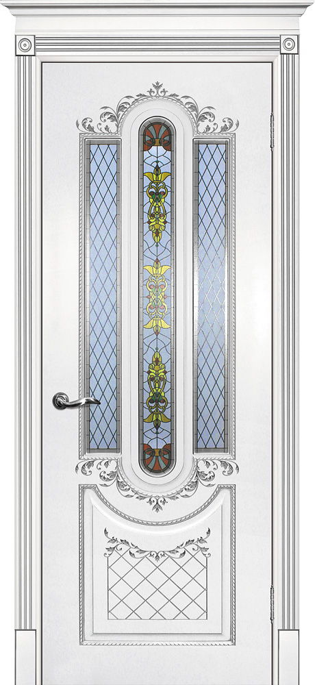 Межкомнатная дверь эмалевая с патиной серебро со стеклом 13