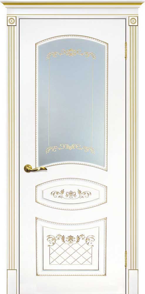 Межкомнатная дверь эмалевая с патиной золото со стеклом 05